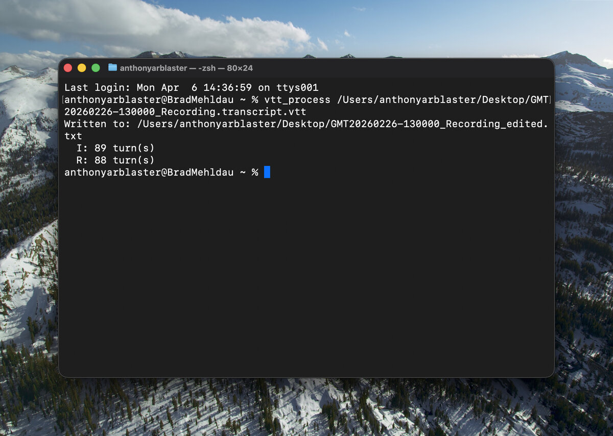 A Terminal window on MacOS showing using the zsh command.