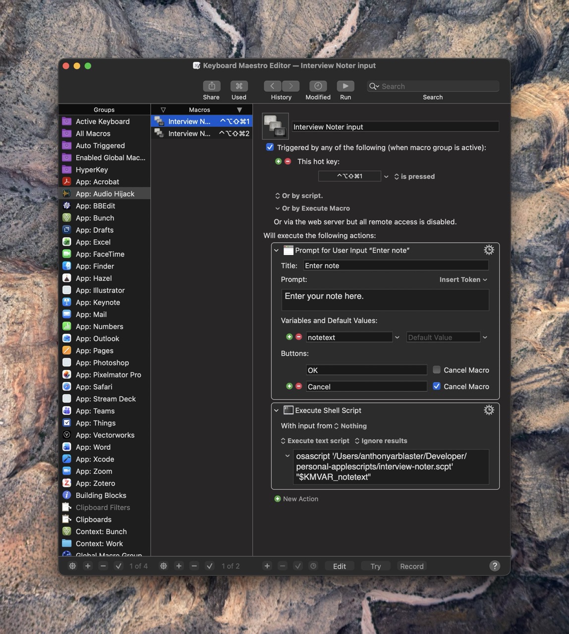 The Keyboard Maestro macro showing how I trigger the AppleScript.